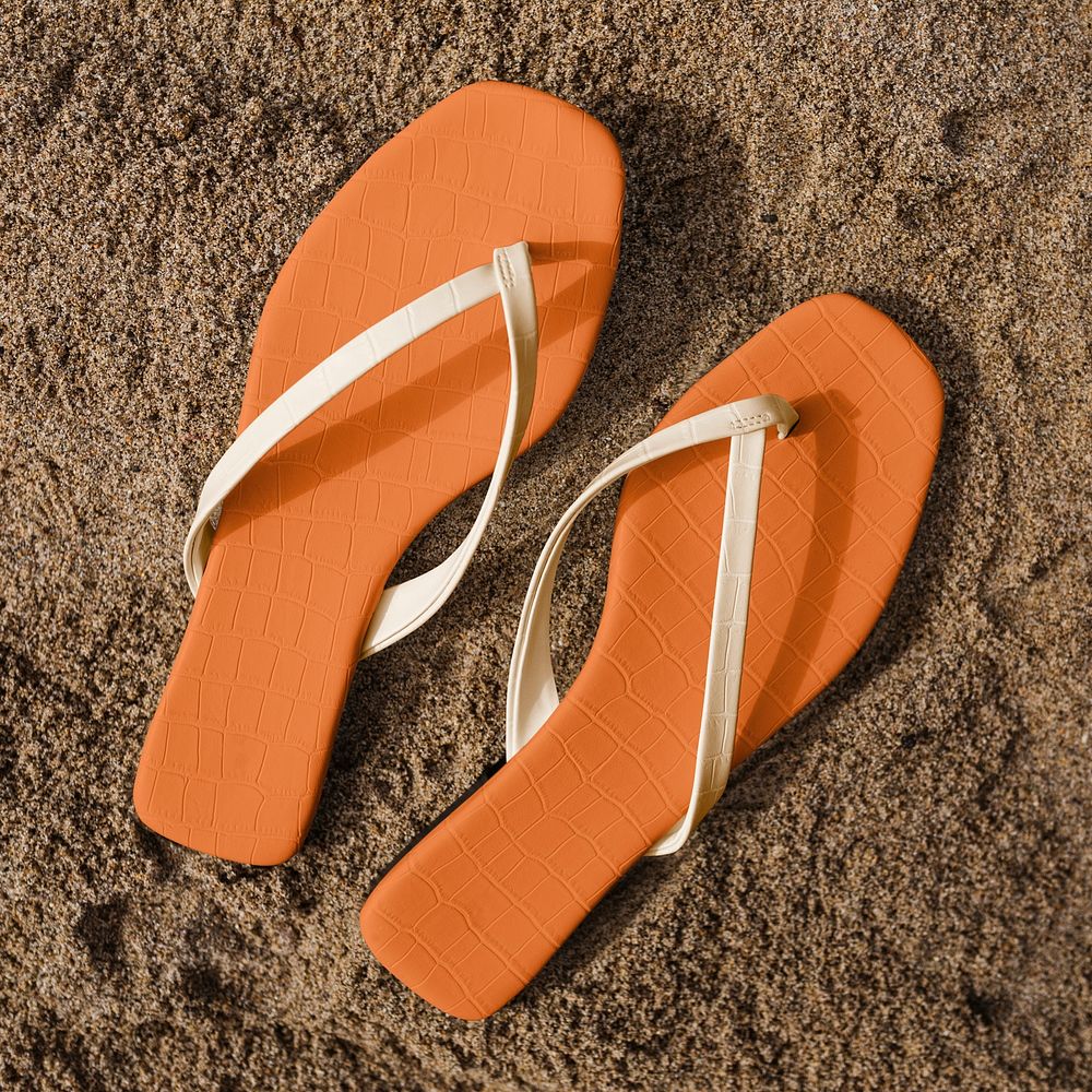 Beach sandals mockup psd orange summer fashion aerial view