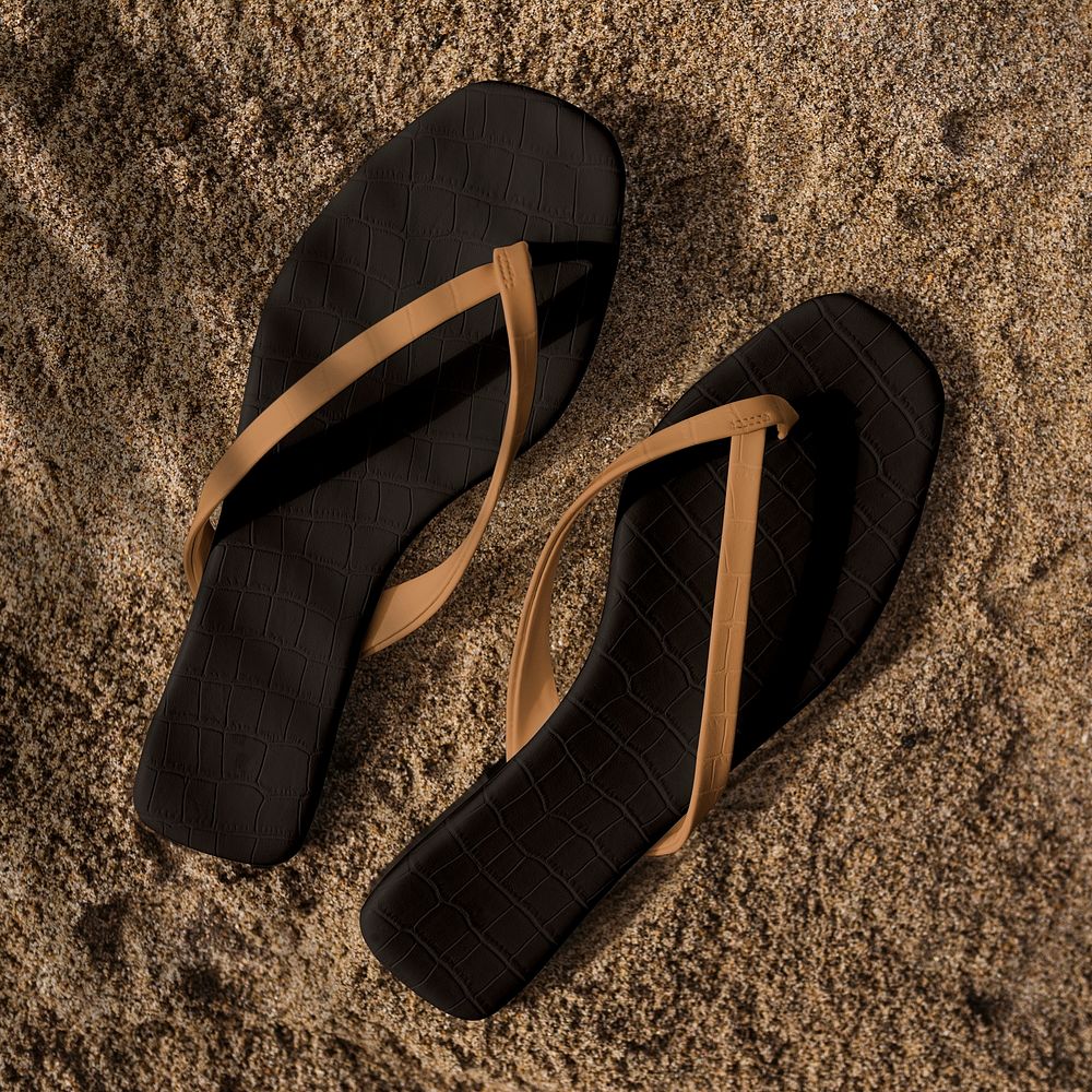 Beach sandals mockup psd black summer fashion aerial view