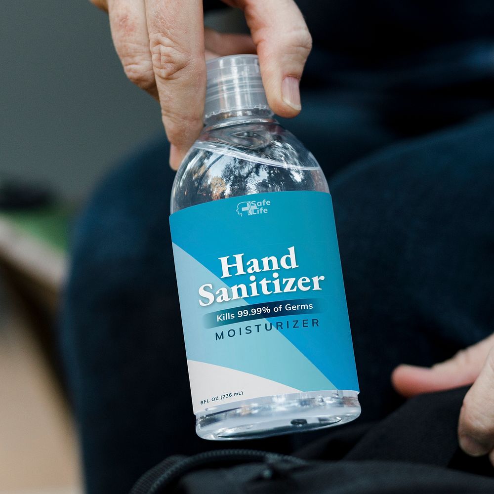Hand sanitizer label mockup psd travel in the new normal
