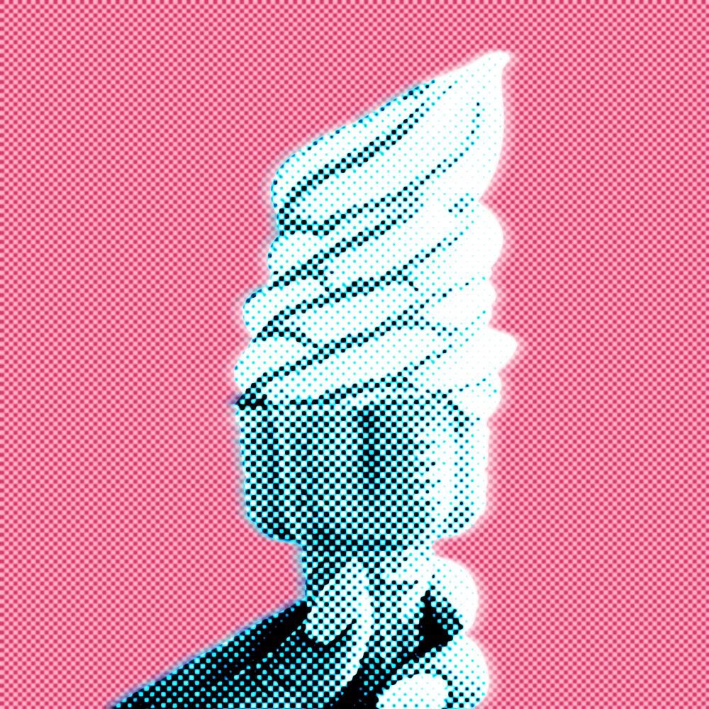 Soft serve ice cream in a cone pop art style on pink background