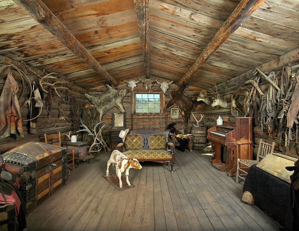 Interior of one of the original old cabins moved to this location at the Old Trail Town living-history museum in Cody…