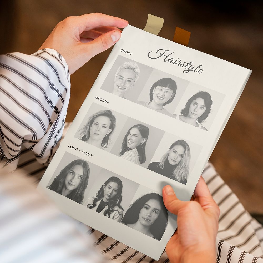 Book mockup psd, with classification index label stickers, hairstyle magazine design