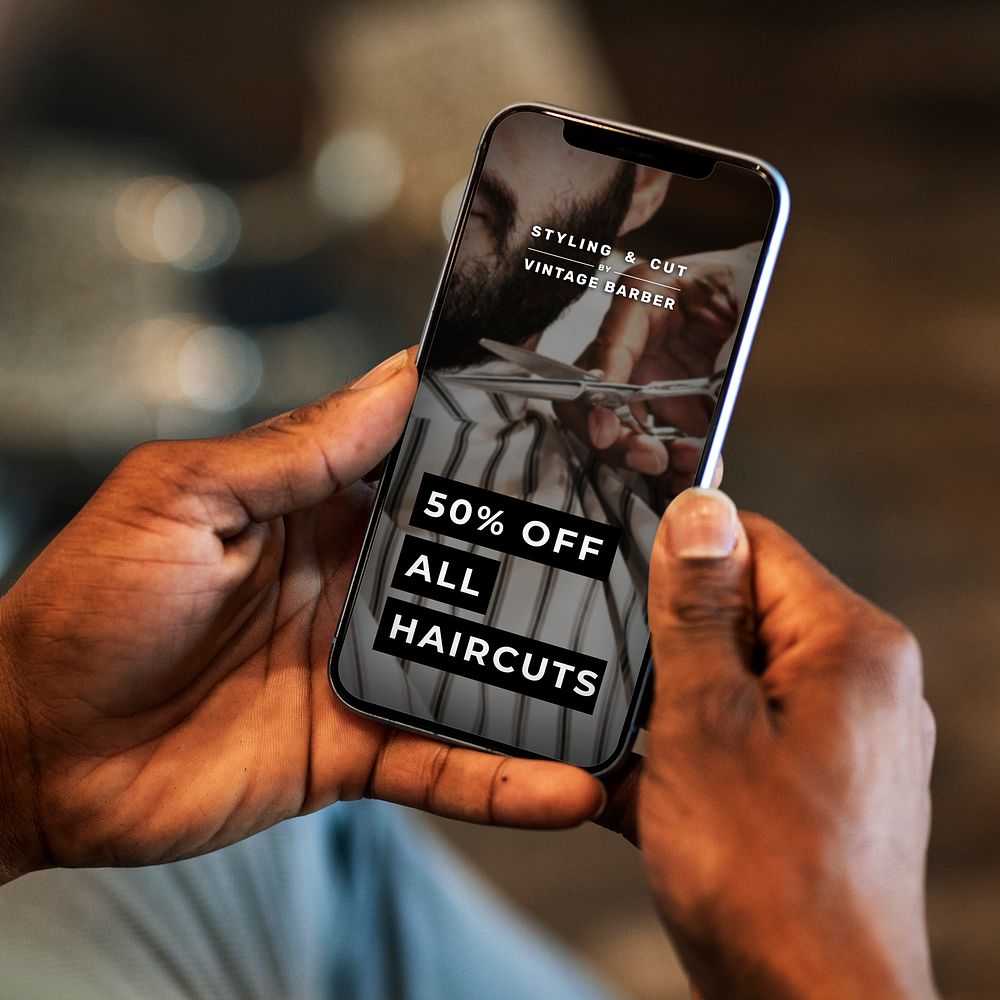 Phone screen mockup psd, barbershop promotion ad, digital device