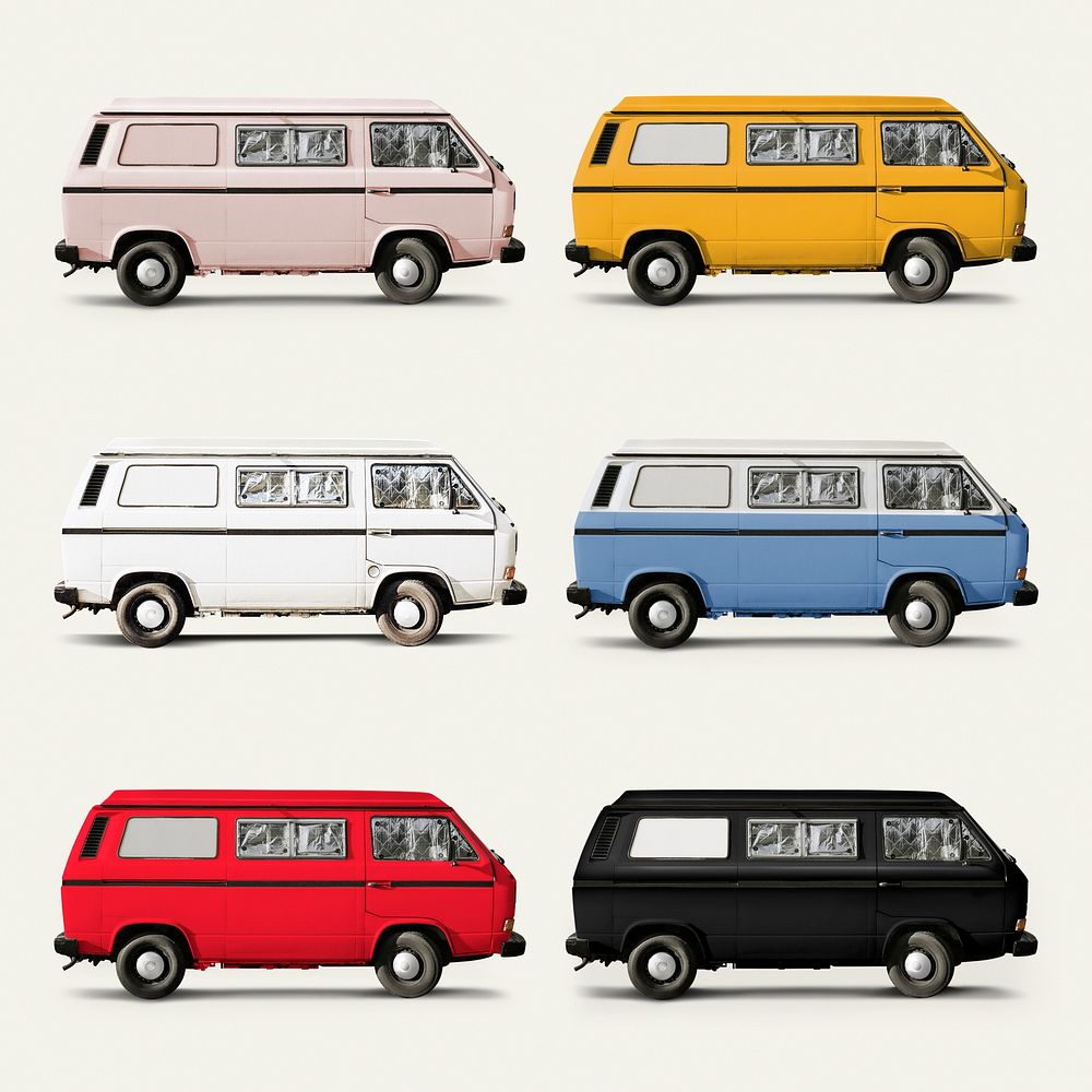Retro vans, old classic cars for camping psd set