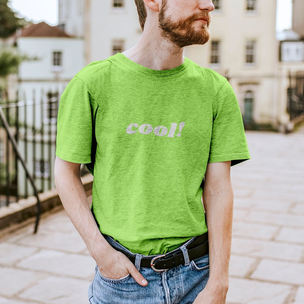 Green t-shirt mockup psd on beard hipster man