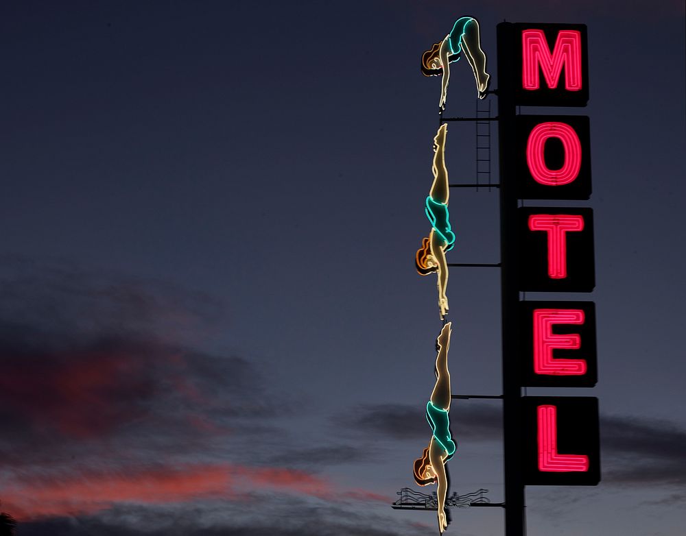Creative "diver" neon sign at the old Starlight Motel in Mesa, a small Arizona city that became one of sprawling Phoenix's…