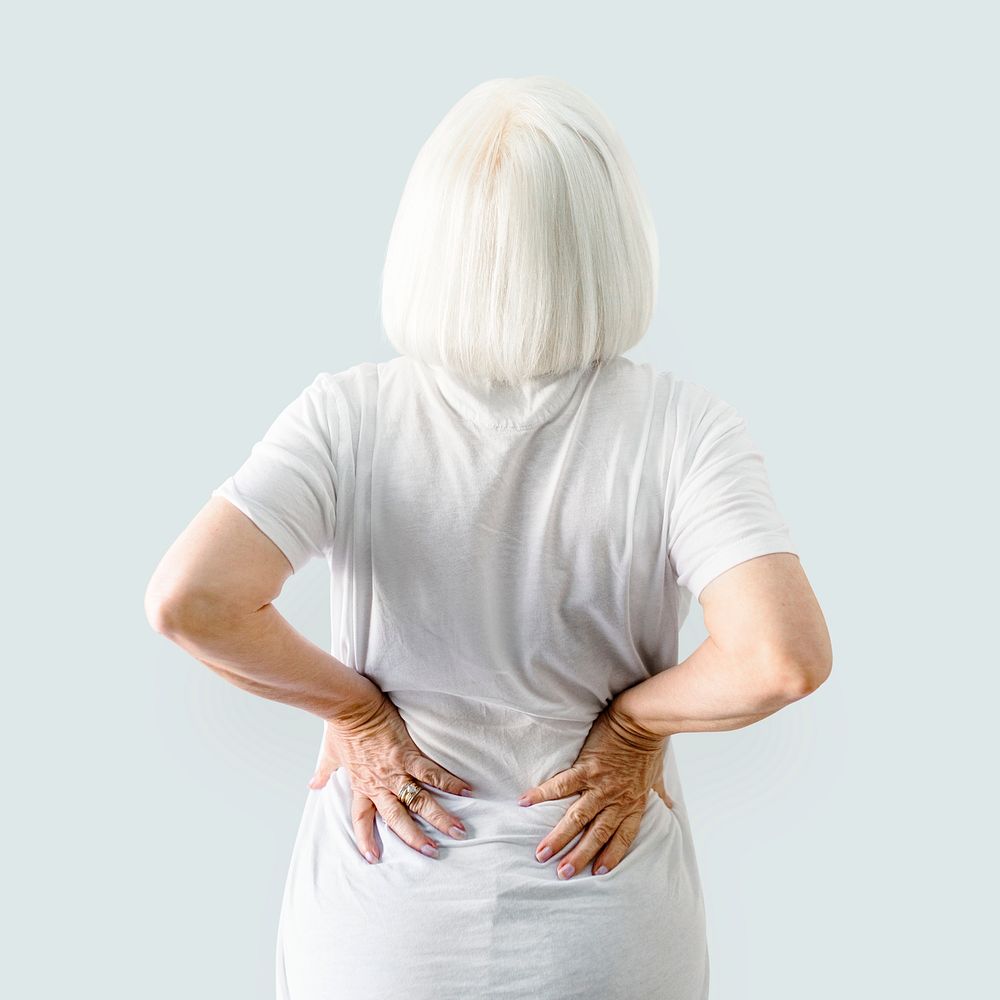 Senior woman, back pain symptom psd