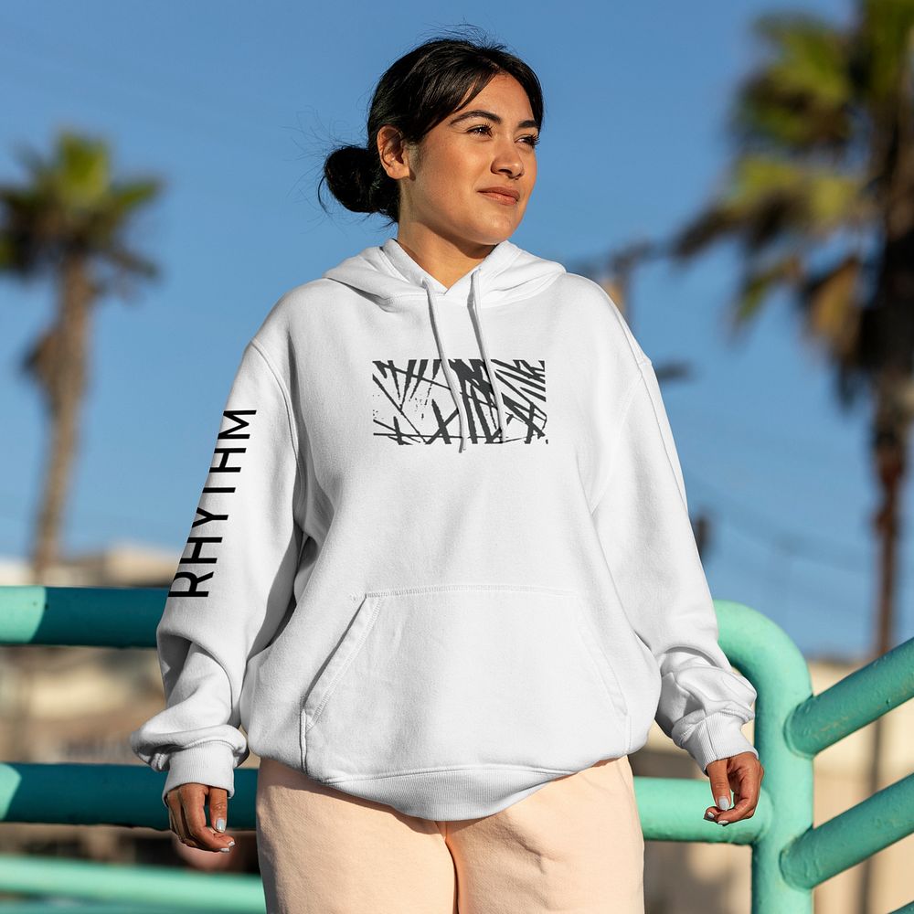 Cool hoodie mockup, customizable psd streetwear, Latina woman by the Venice beach