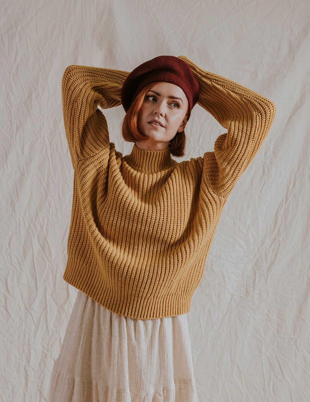 Woman in yellow jumper, autumn apparel fashion design