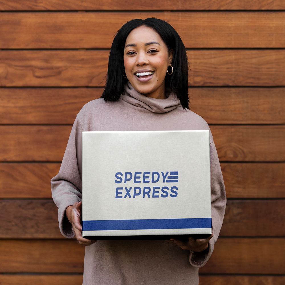 Box mockup, woman carrying delivery package psd
