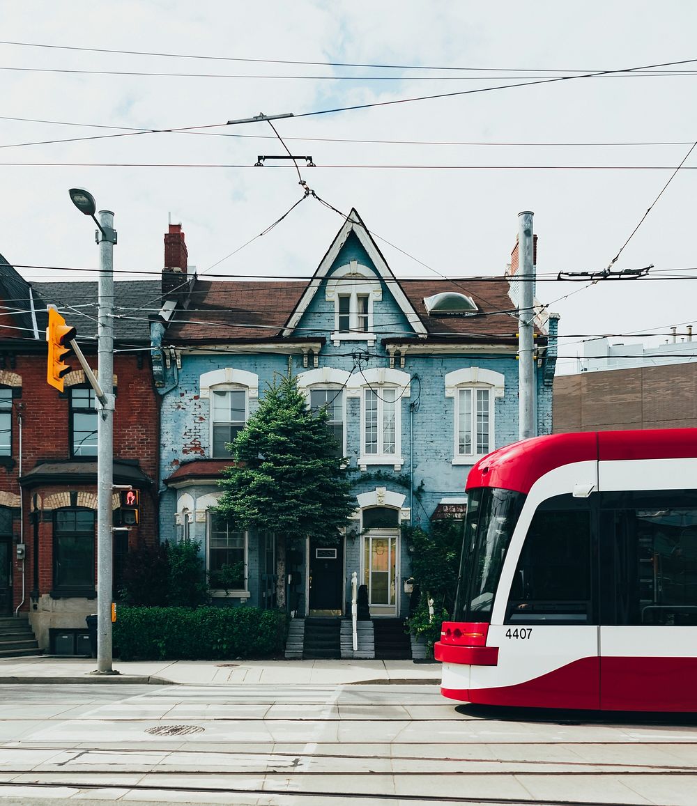 Tram in a city in Canada