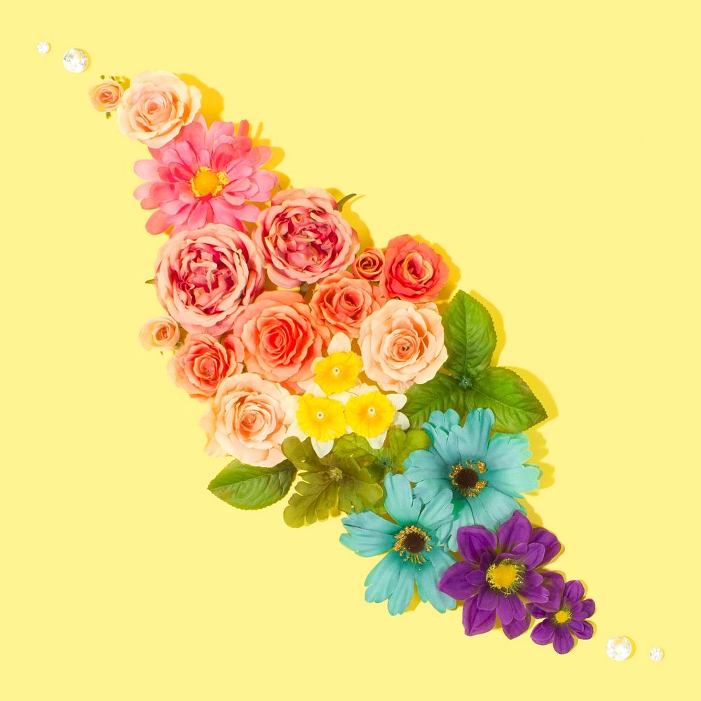 Rainbow flowers on yellow background