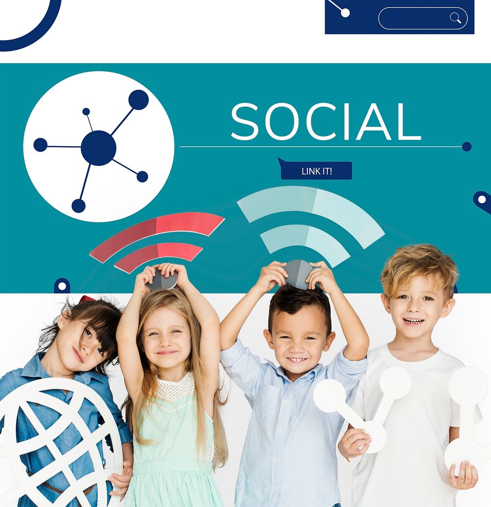 Children connected with Illustration of social media online communication