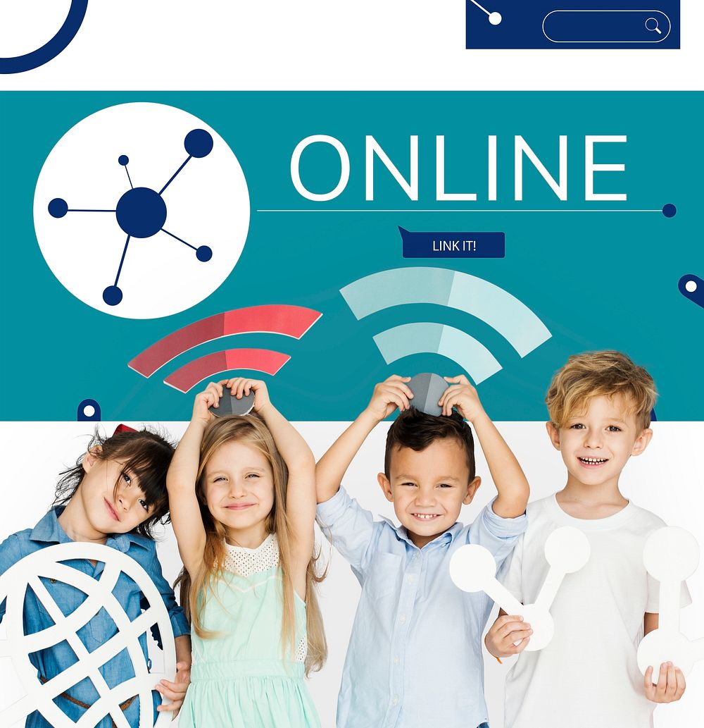 Children connected with Illustration of social media online communication