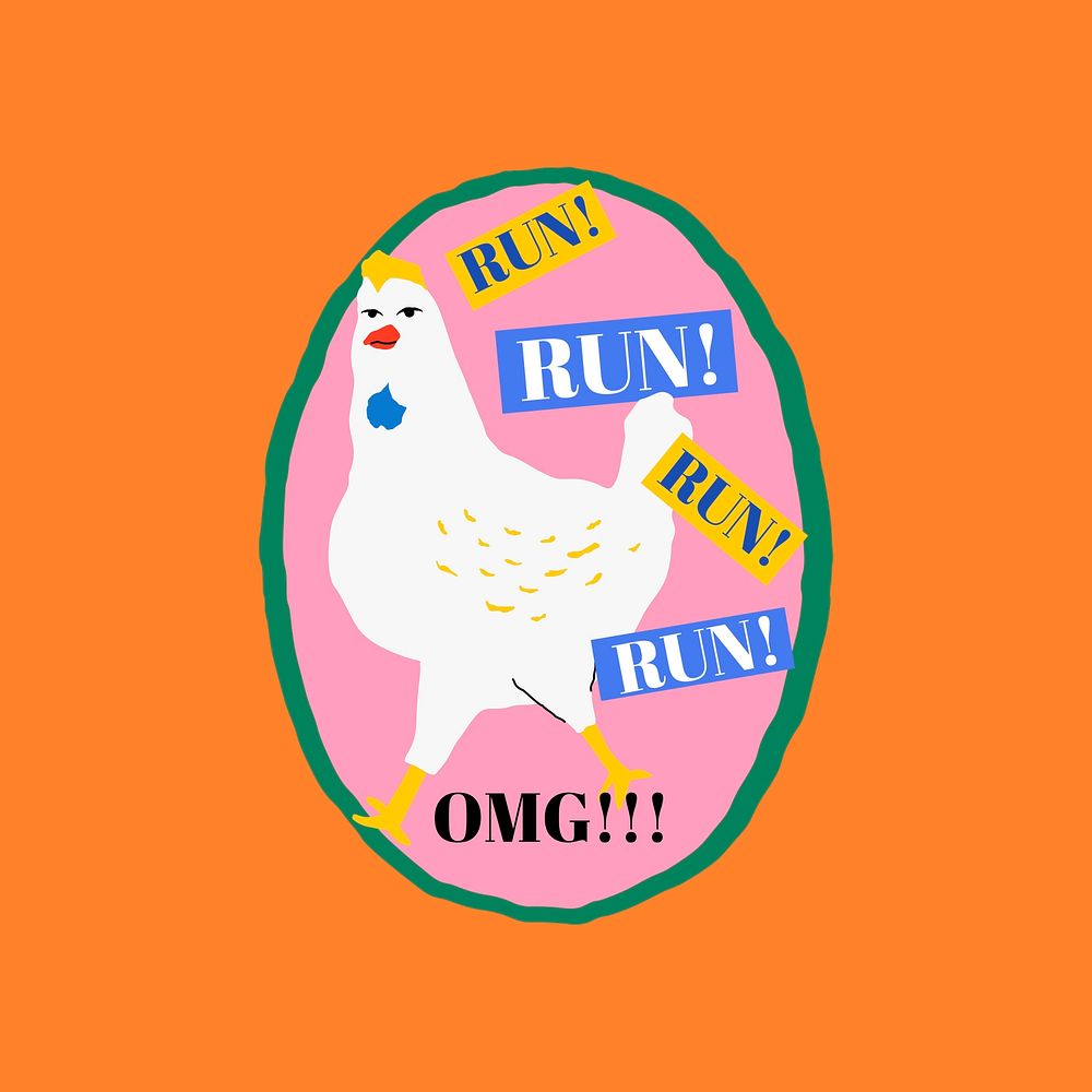 Running chicken badge in animal illustration style