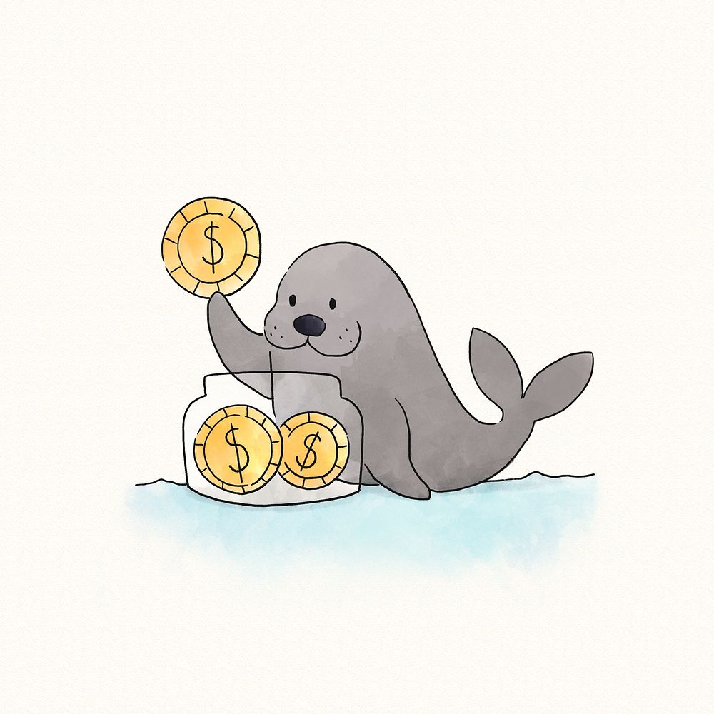Seal saving coins in a jar