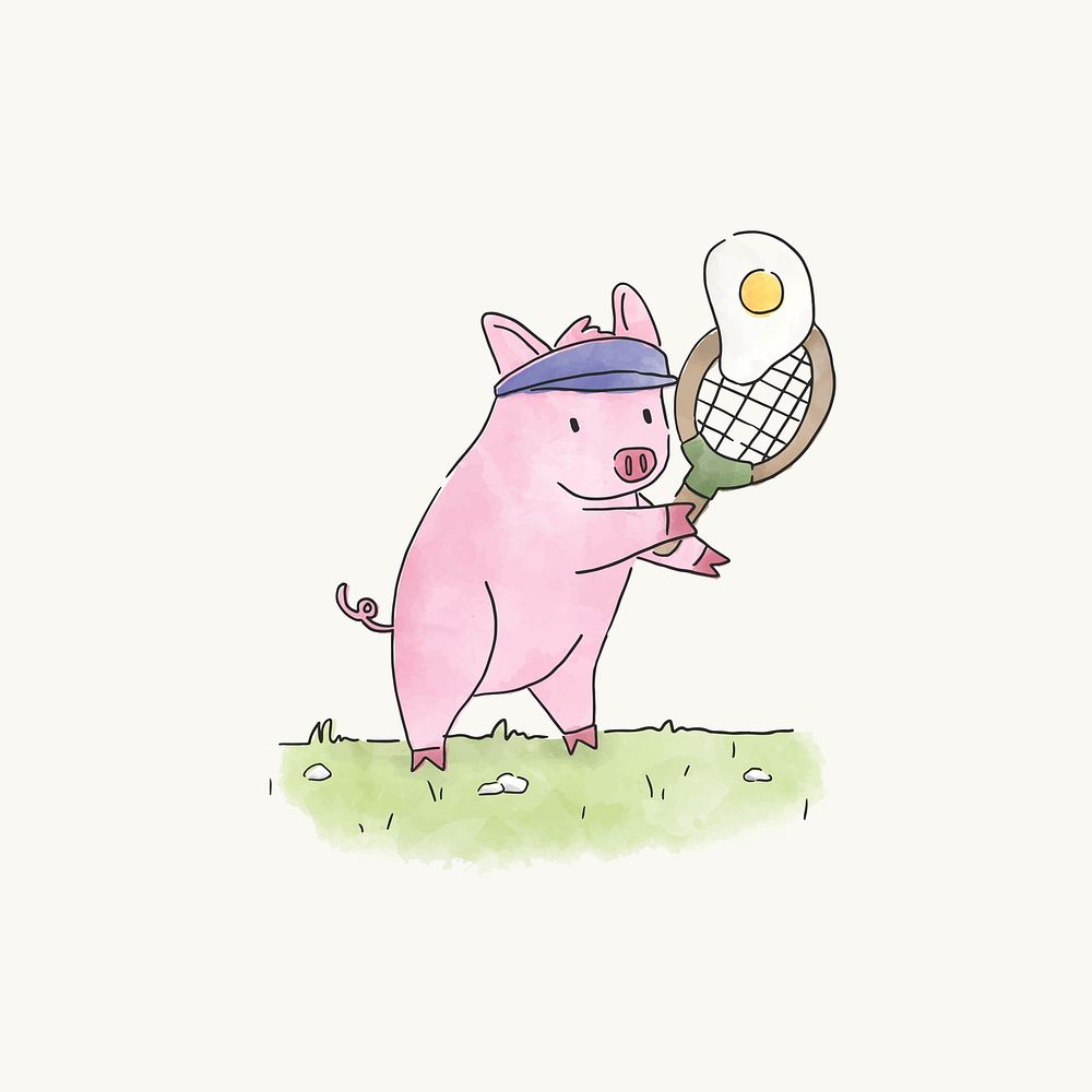 Pig playing tennis with a fried egg