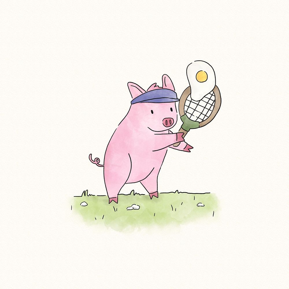 Pig playing tennis with a fried egg