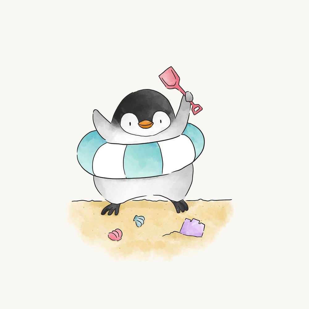 Happy penguin playing at a beach