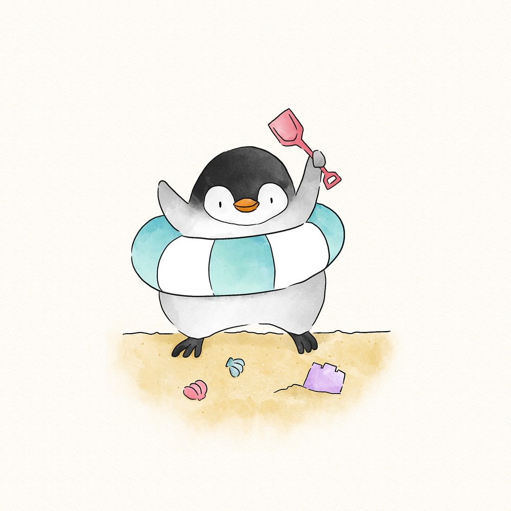 Happy penguin playing at a beach