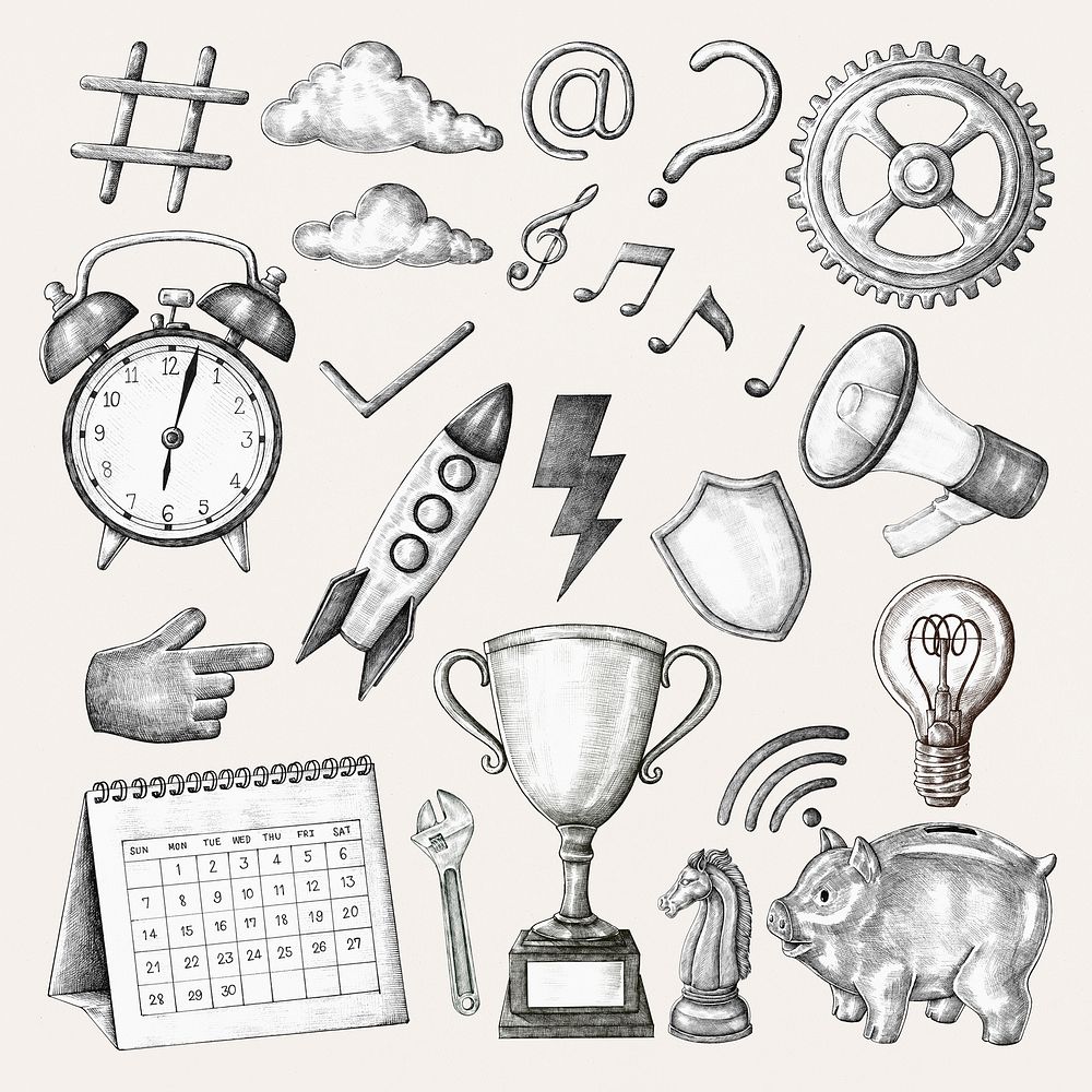 Png business object clipart set black and white