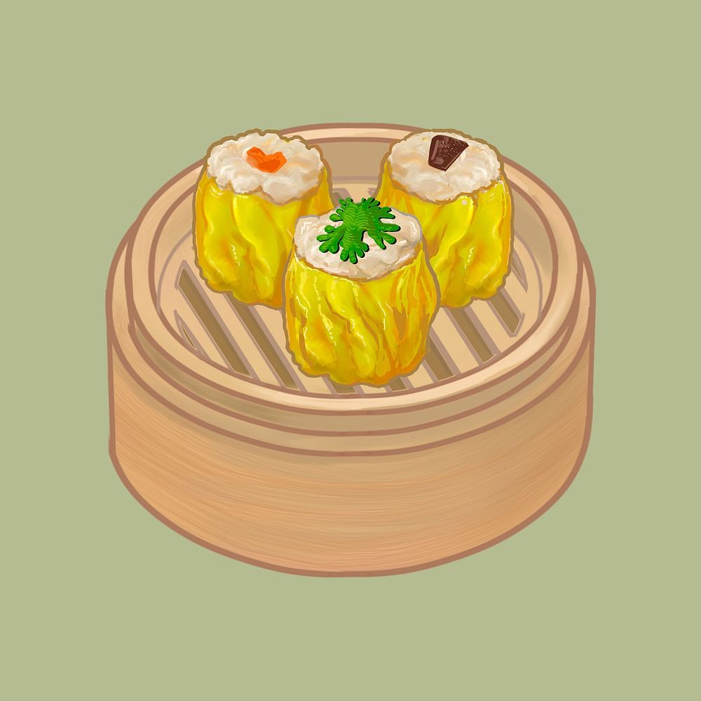 Chinese dumplings in a bamboo steamer illustration