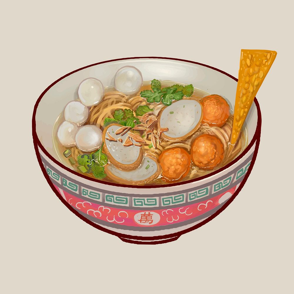 Nooodle soup with fish balls illustration