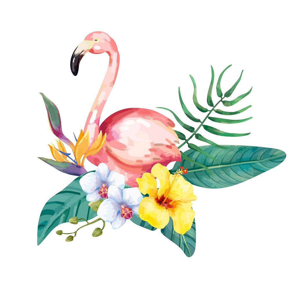 Hand drawn flamingo bird with tropical flowers