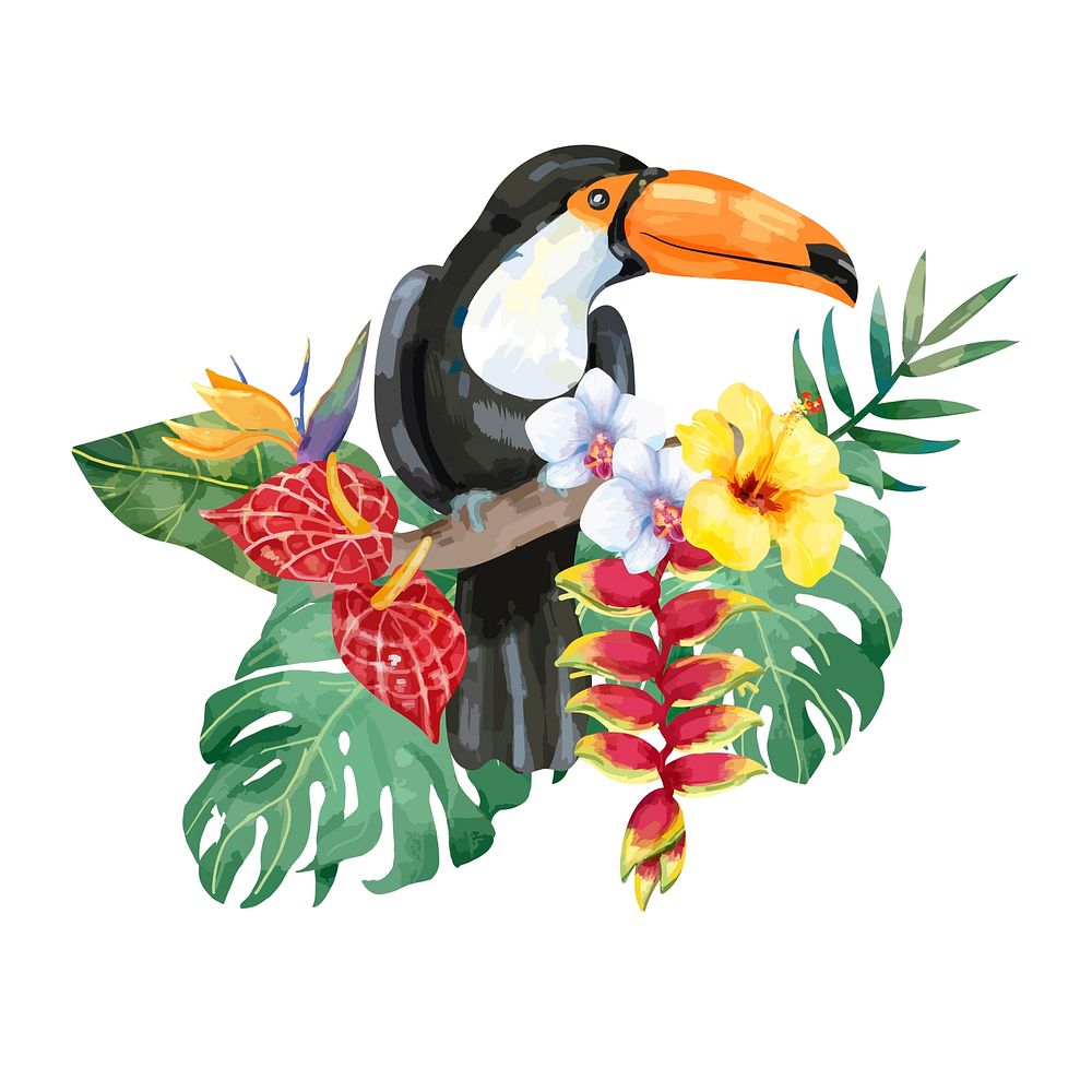 Hand drawn toucan bird with tropical flowers