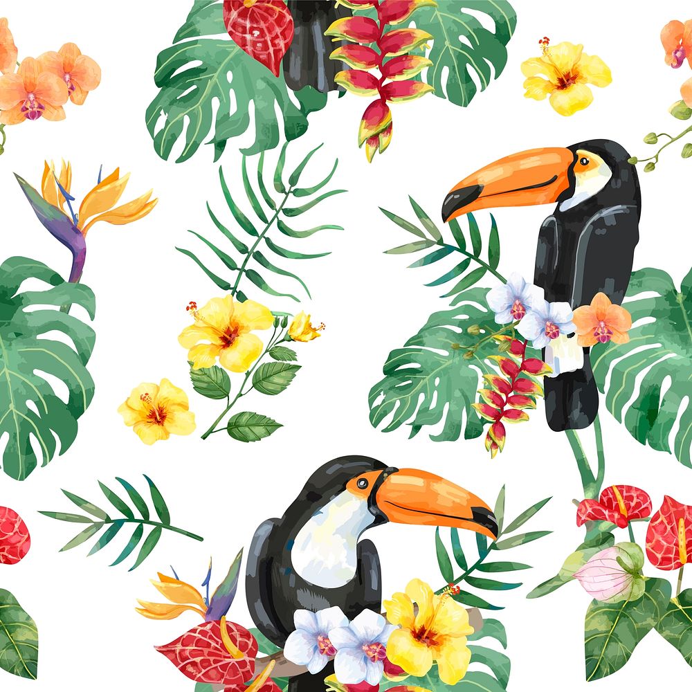Hand drawn toucan bird with tropical flowers pattern