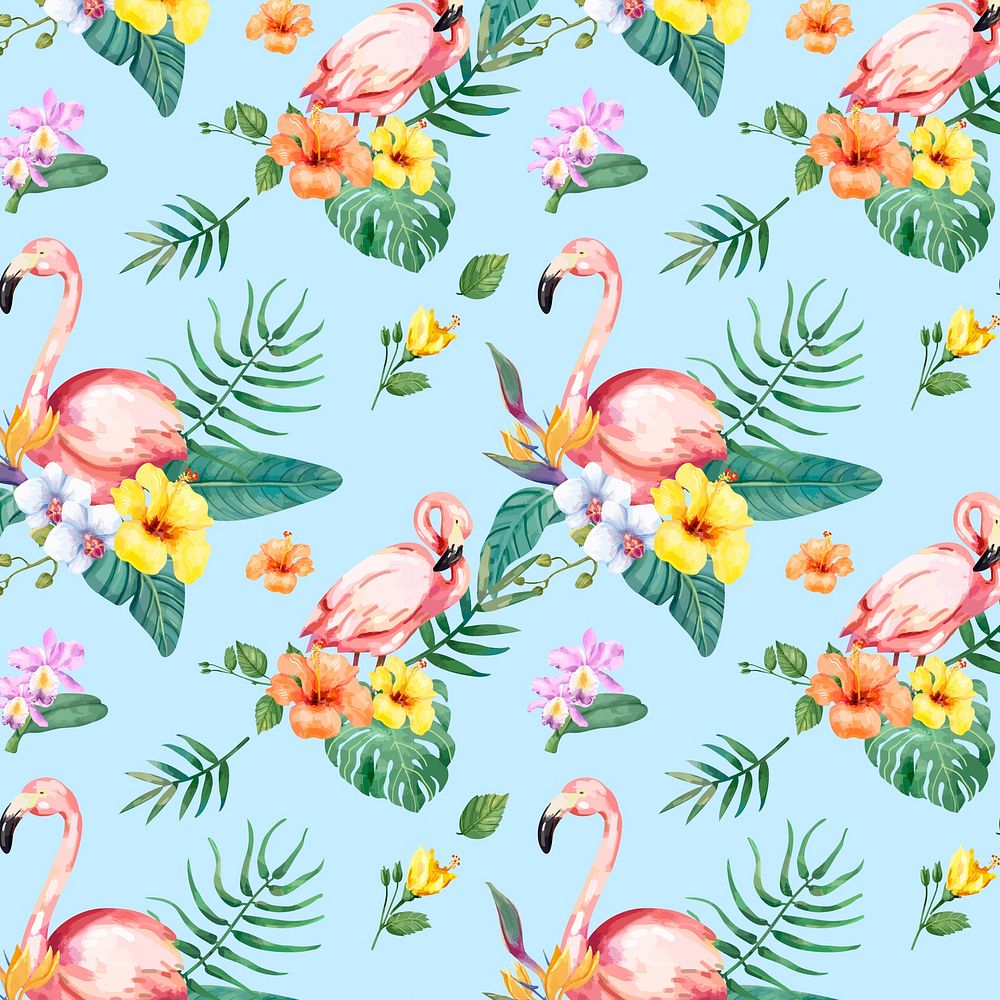 Hand drawn flamingo bird with tropical flowers pattern