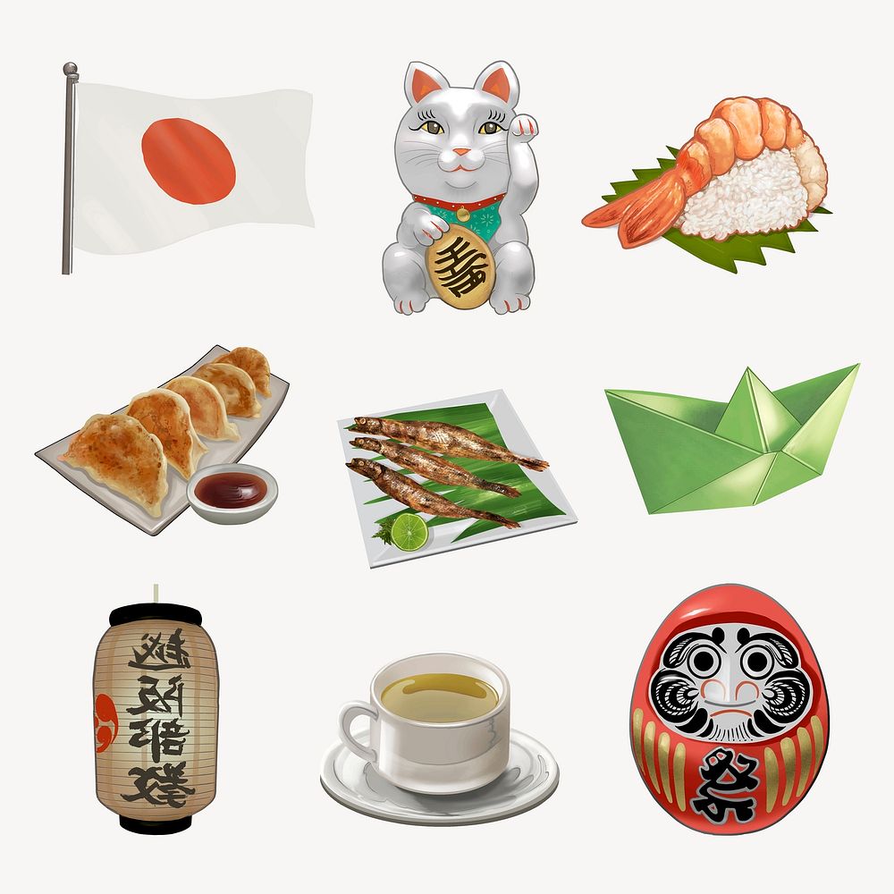 Japanese aesthetic stickers, traditional realistic illustration set vector