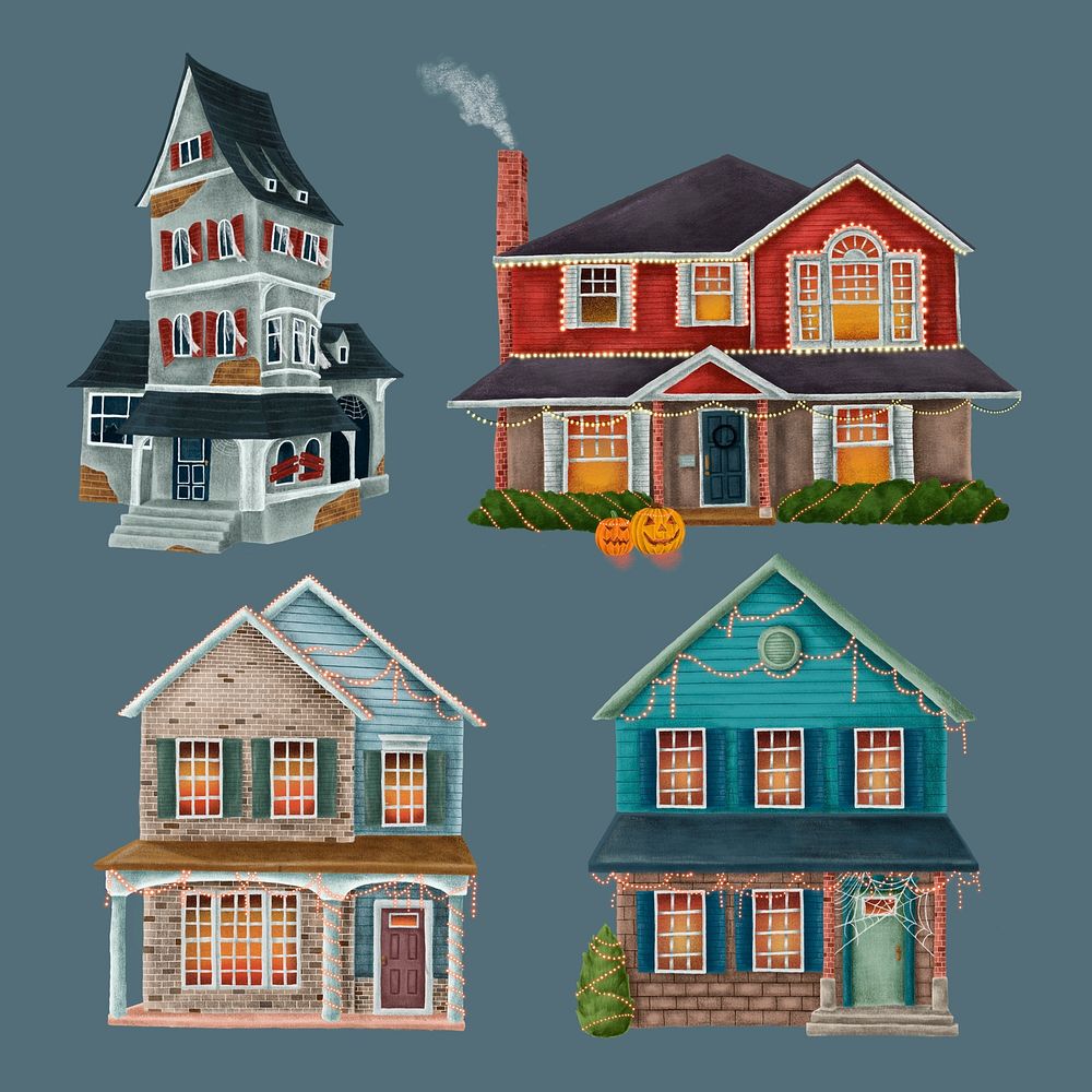 Set of Halloween decorated houses