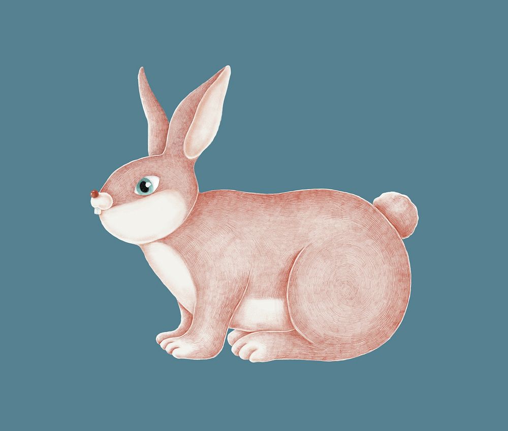 Hand-drawn pink rabbit on a blue background