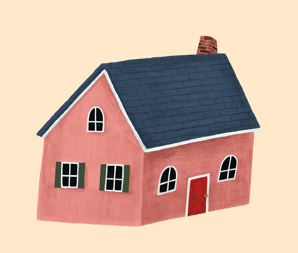 Hand-drawn light red house with a navy blue roof