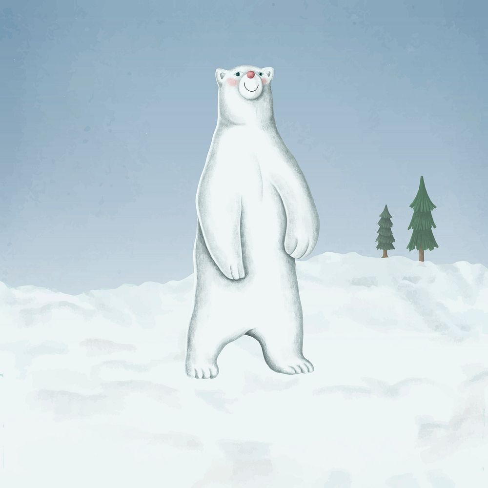 Hand-drawn standing white polar bear on a snow-covered ground