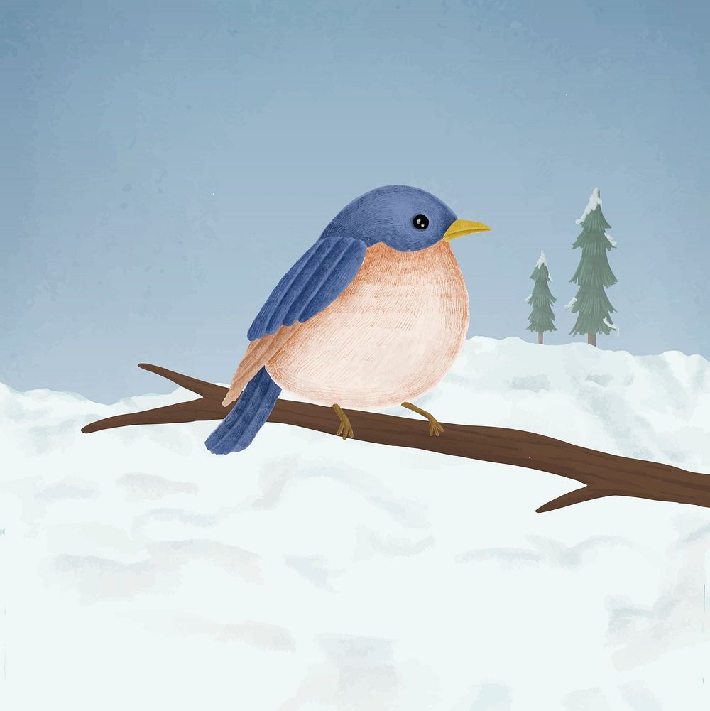 Hand-drawn Tickell's Blue Flycatcher on a branch in a snowy forest