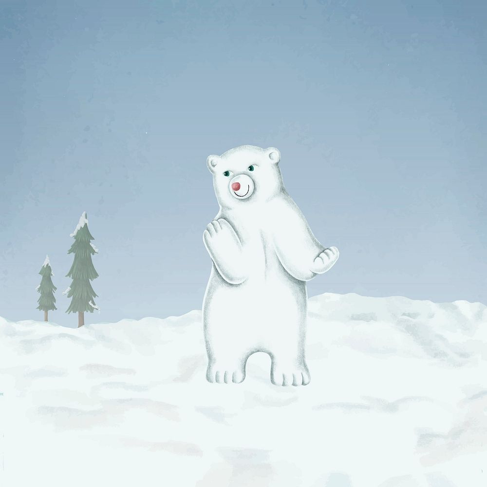 Hand-drawn baby white polar bear on a snow-covered ground