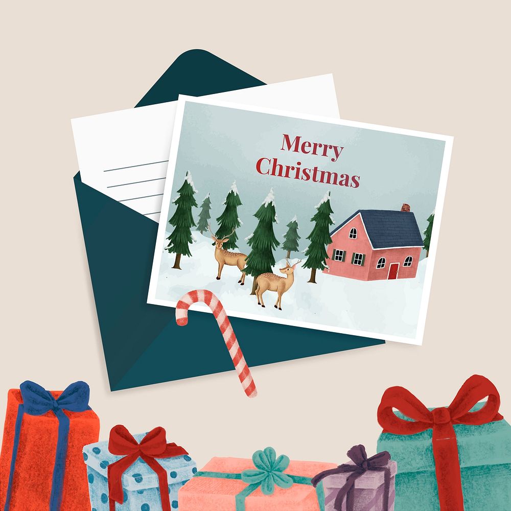 Hand-drawn Christmas postcards with gift boxes