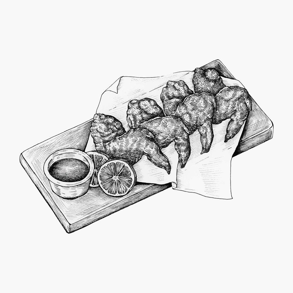 Hand drawn sketch buffalo chicken wings in basket. Illustration #82198628