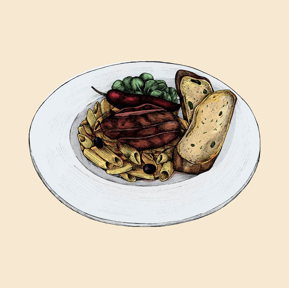Illustration of a penne pasta dinner