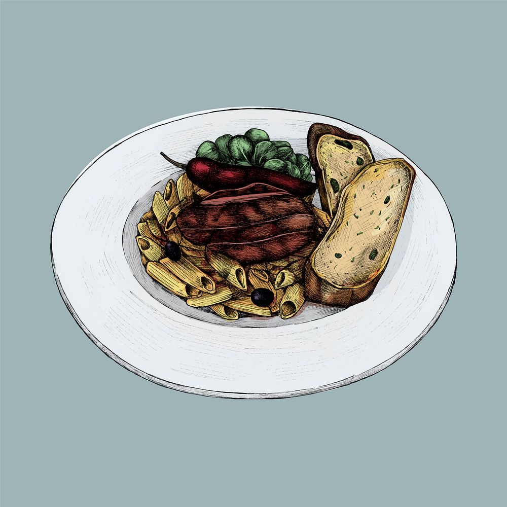 Illustration of a penne pasta dinner