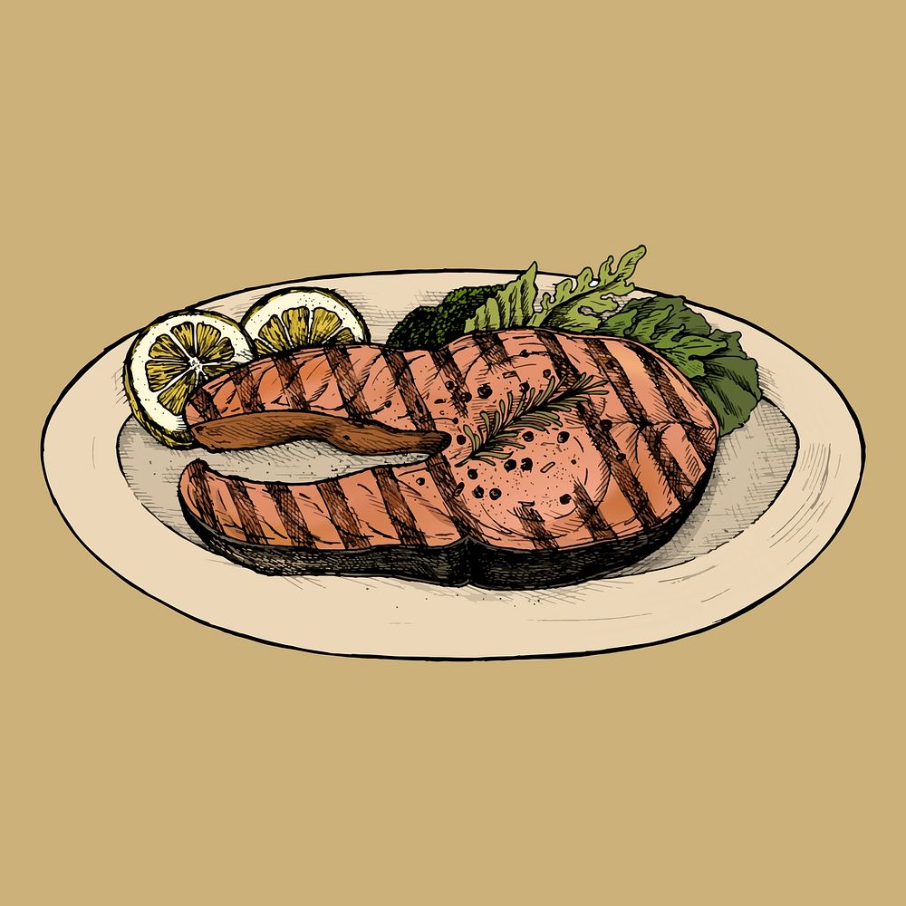 Hand drawn grilled fish steak