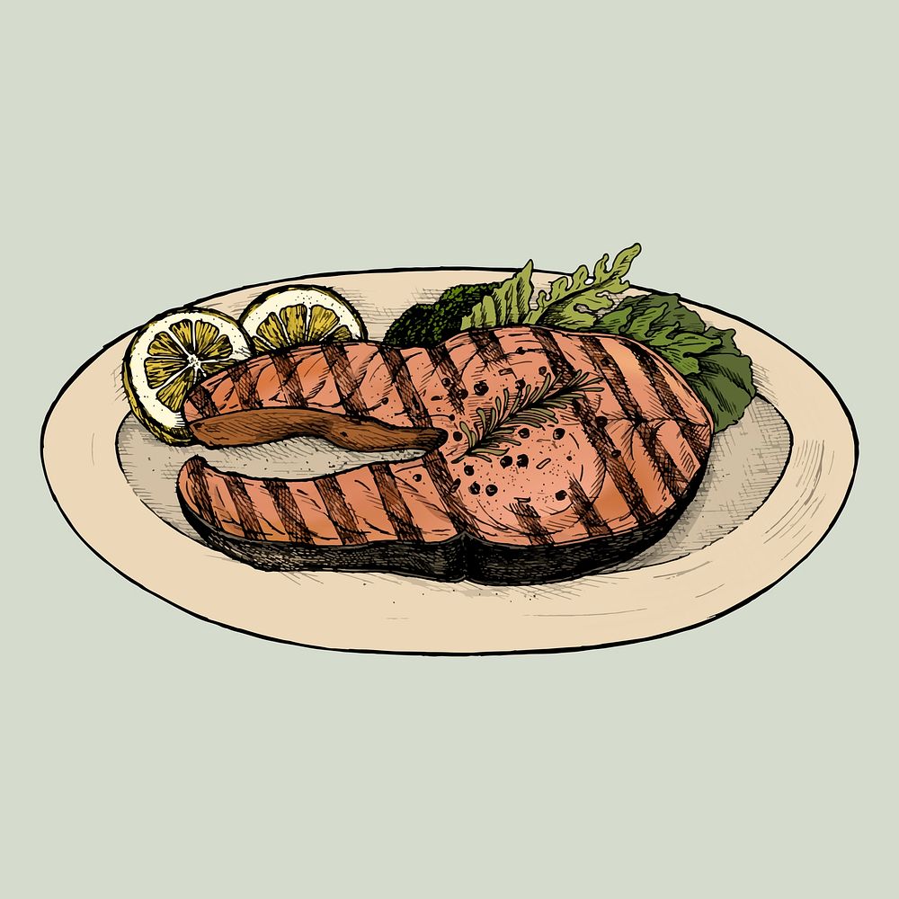 Hand drawn grilled fish steak