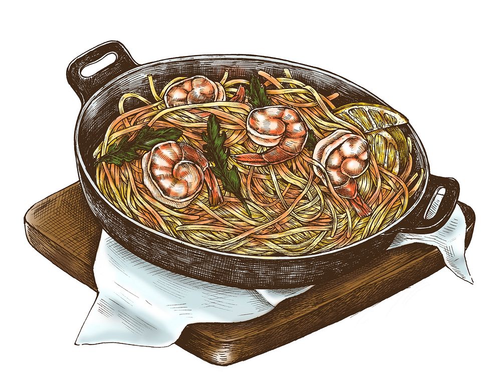 Hand-drawn spaghetti marinara dish