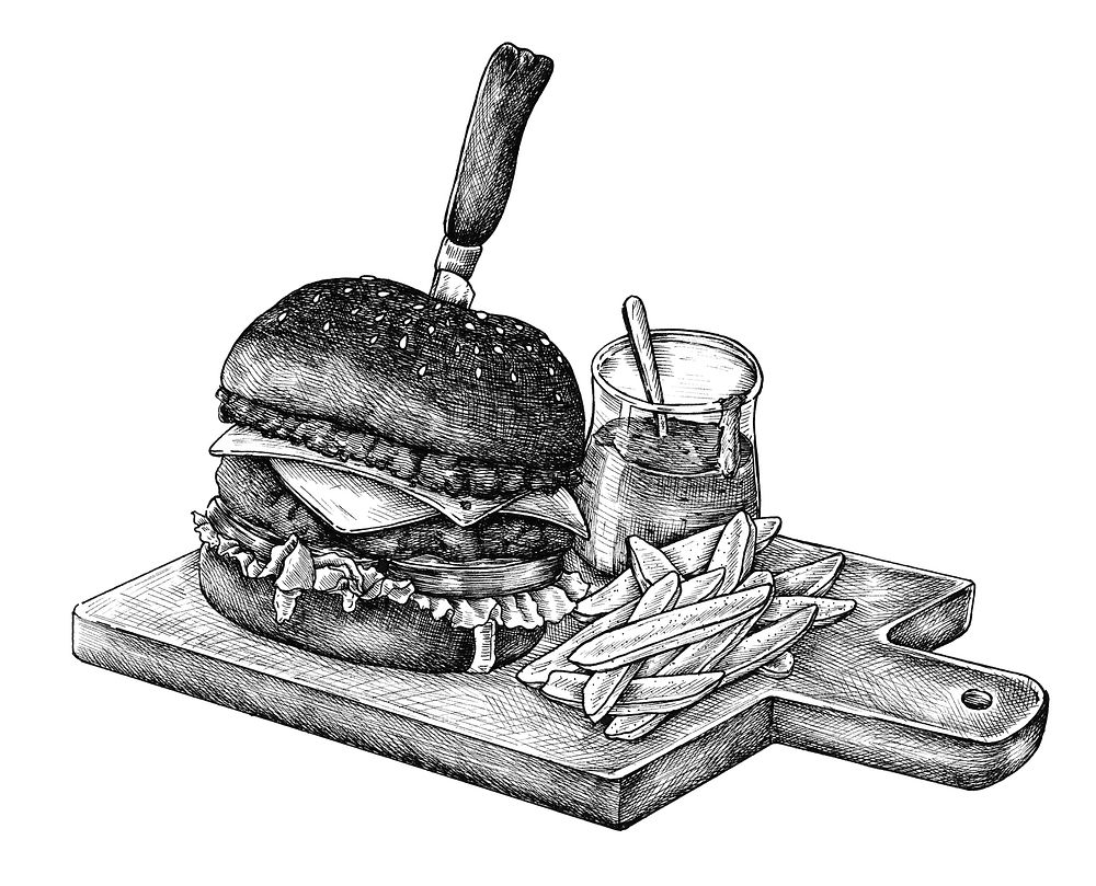 Hand-drawn burger and fries