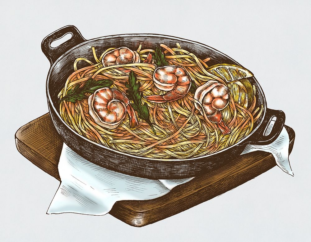 Hand-drawn spaghetti marinara dish