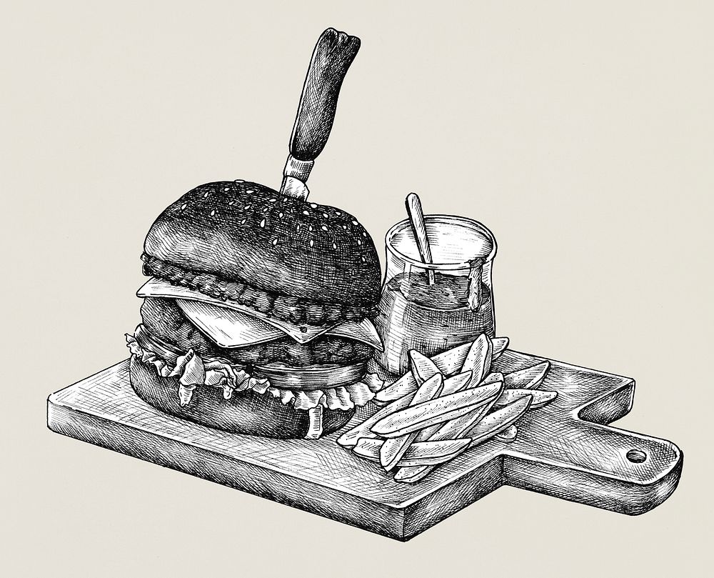 Hand-drawn burger and fries