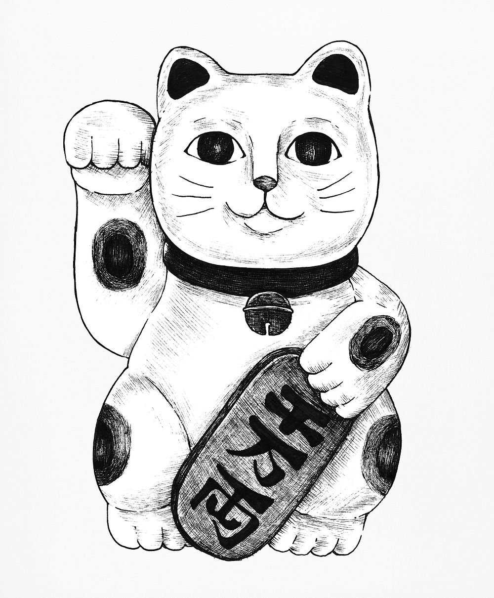 Hand drawn maneki neko figurine