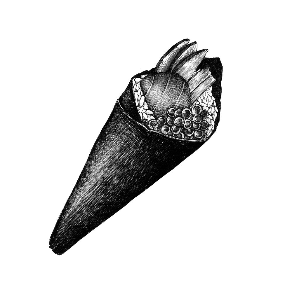 Hand drawn temaki cone-shaped sushi